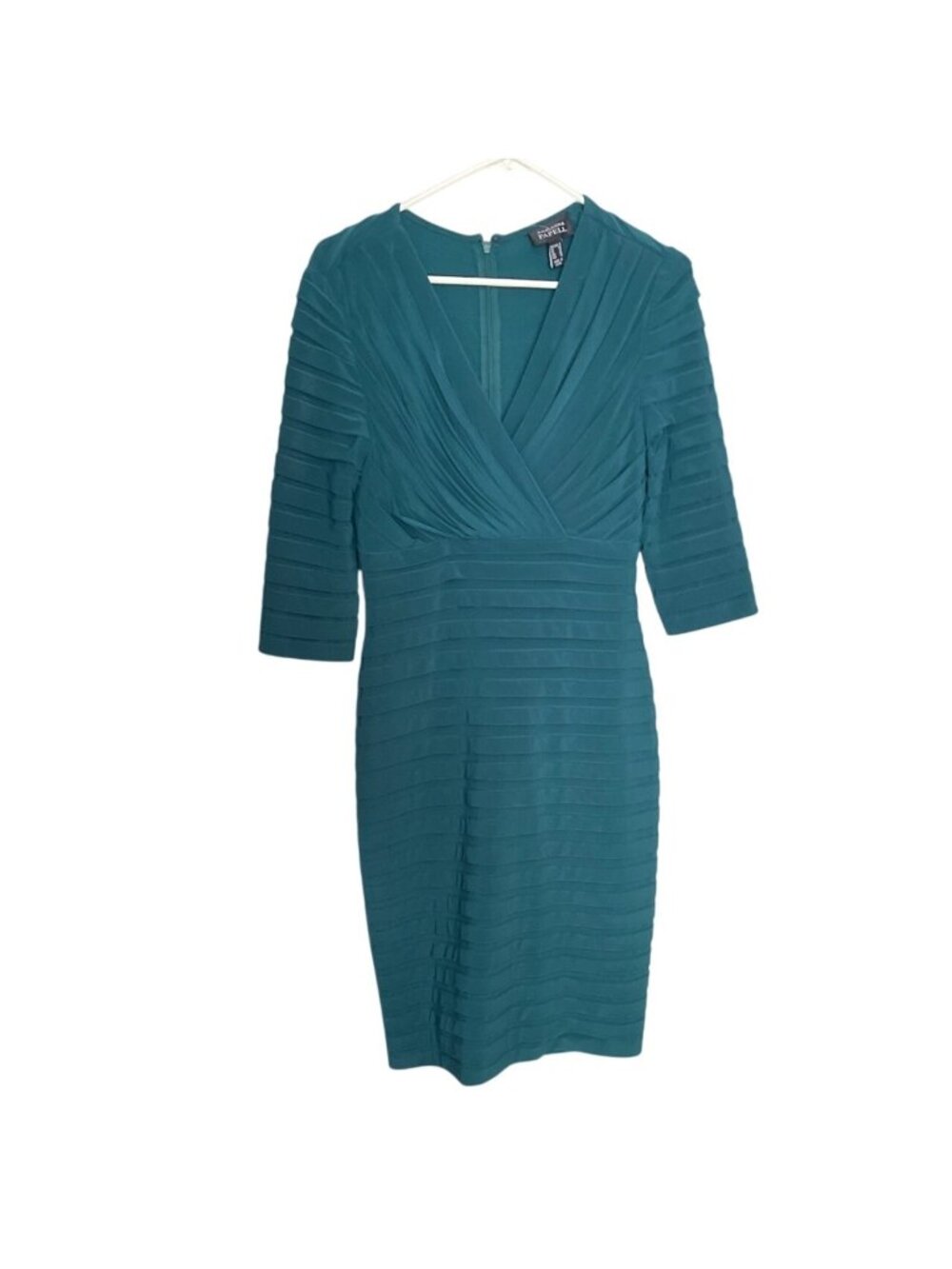 Adrianna Papell Shutter Pleat Jersey Sheath Dress Teal Midi V-Neck 3/4 Sleeve 8
